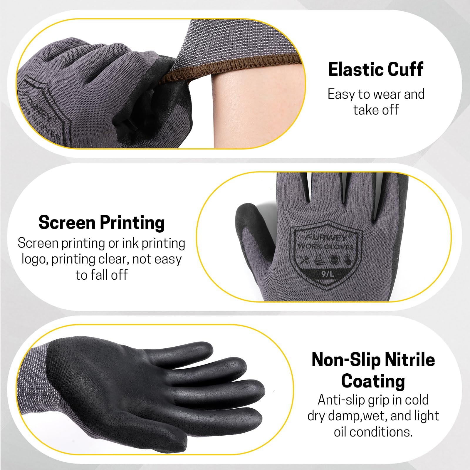 Furwey Safety Work Gloves16 Pairs Micro-Foam Nitrile Coated Glove For Men And