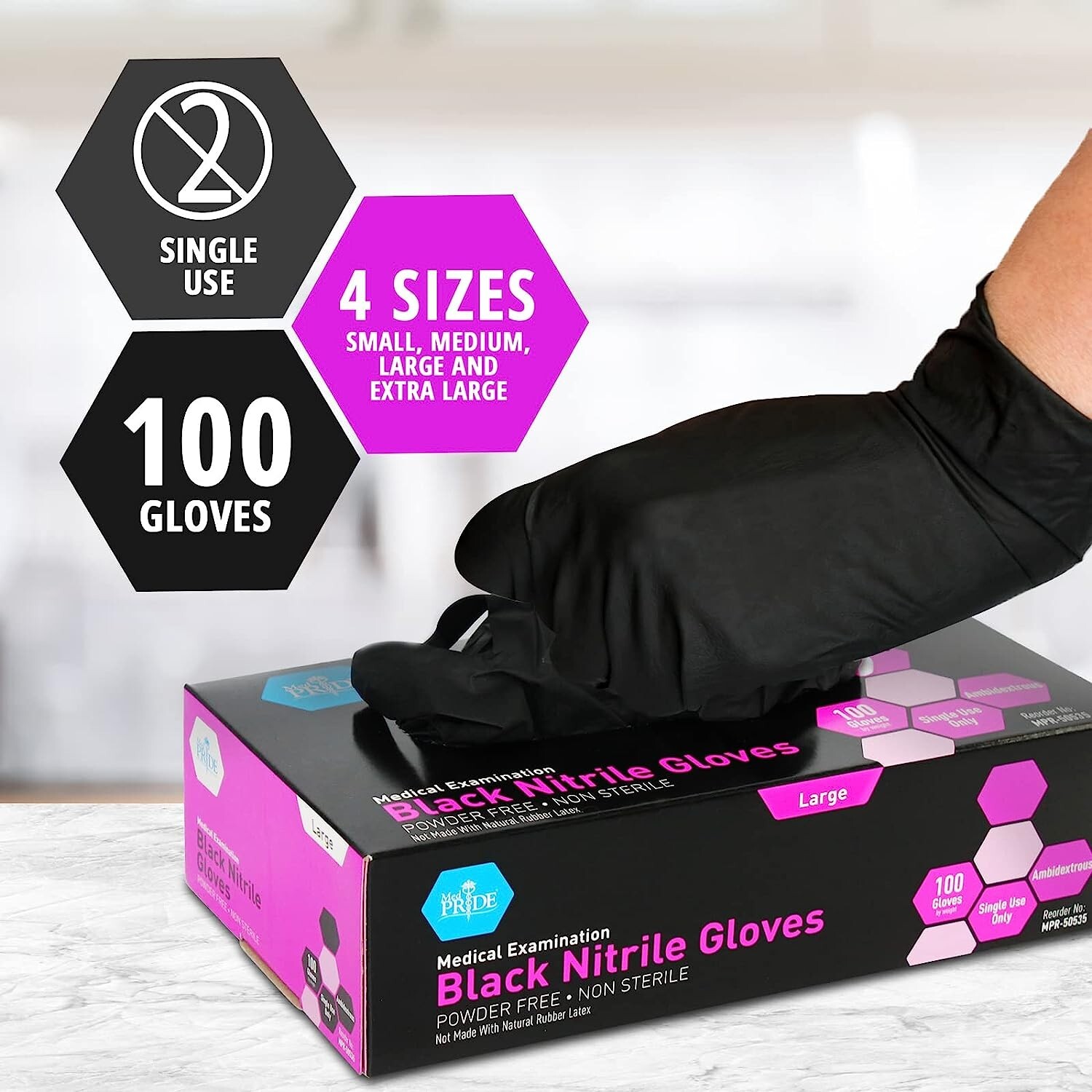 MedPride Medical Examination Nitrile Gloves,N/S Powder Free, Large,Black-100/Box