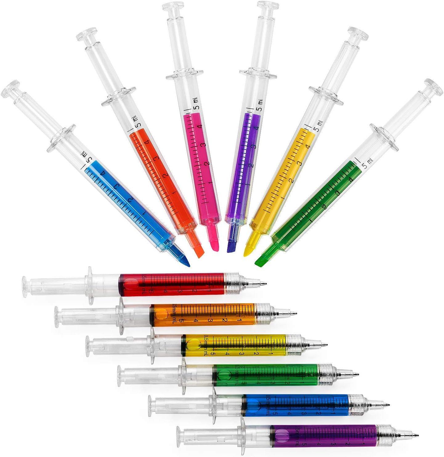 6 Syringe Ballpoint Pens + 6 Syringe Highlighters, Syringe Pen Multi Color No…