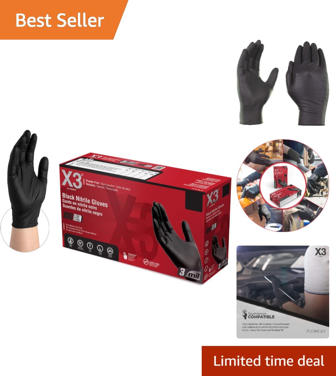First Glove Black Nitrile Light Industrial Disposable Gloves 3 Mil, Latex Free
