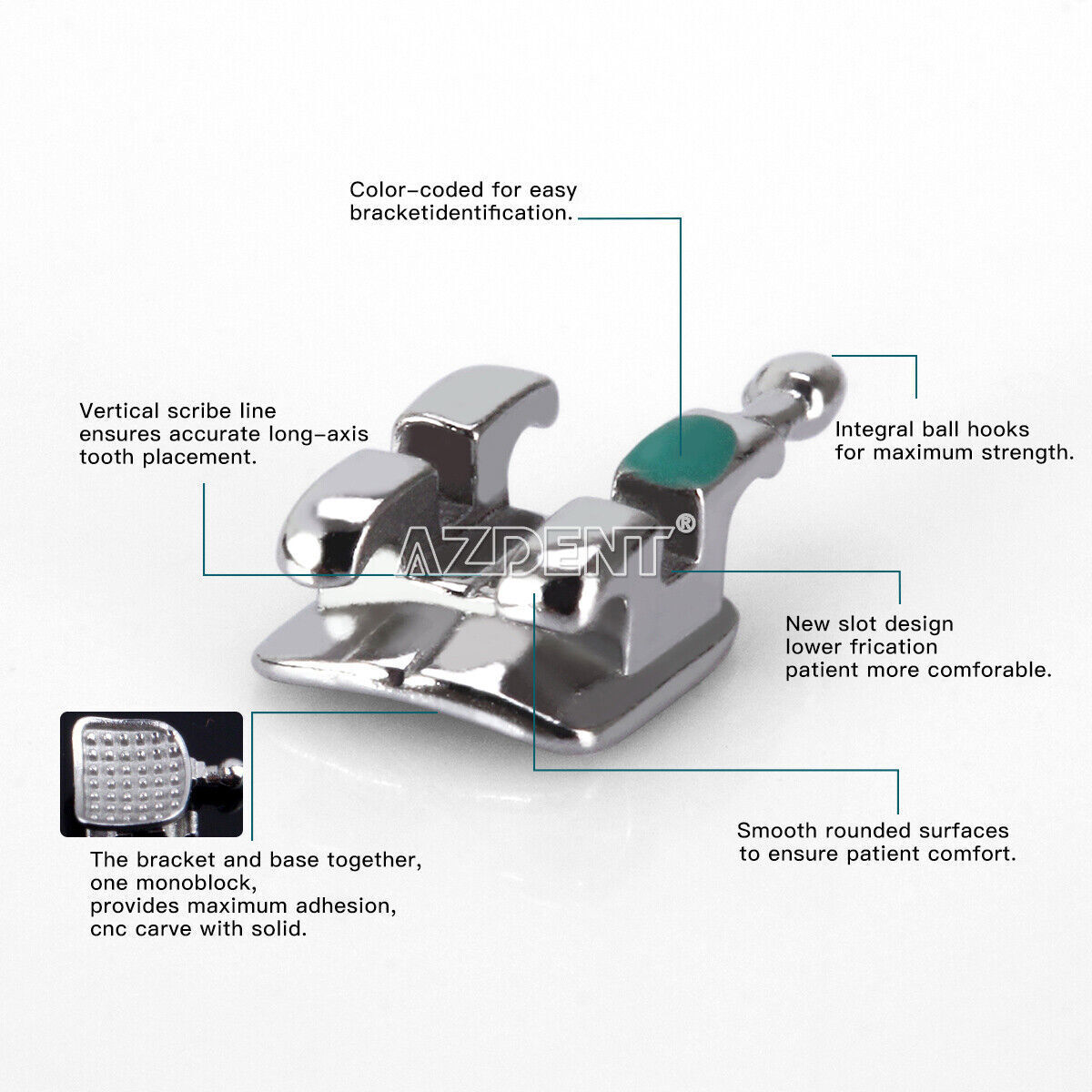 AZDENT Dental Orthodontic Monoblock MIM Bracket Braces Mini Roth/ MBT 018/ 022