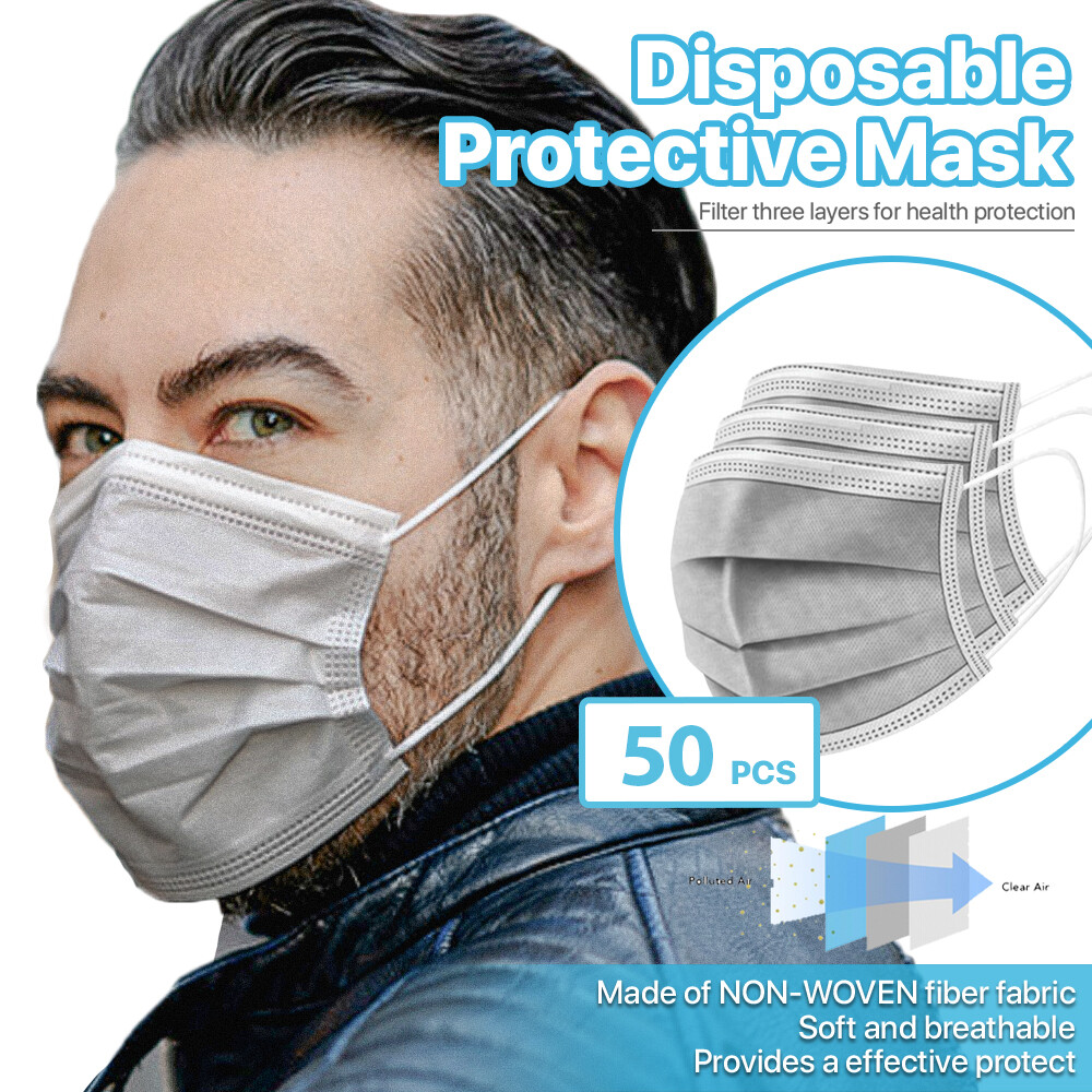 [Grey] 50 Pcs Disposable Face Masks 3-Ply Non Medical Surgical Earloop Cover