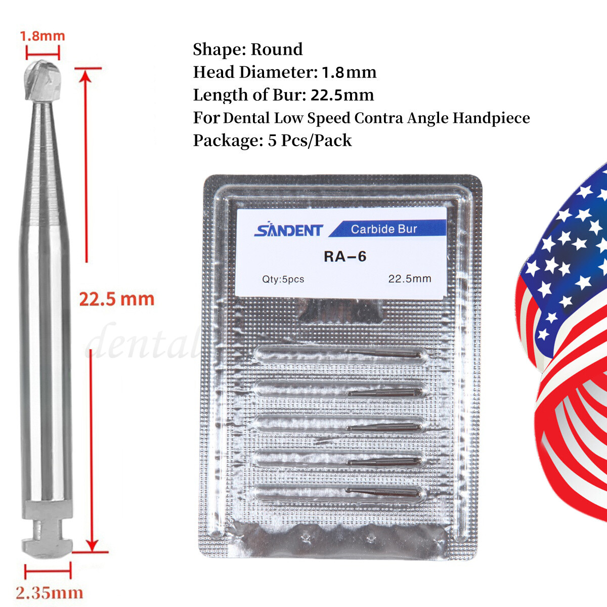 5 Pcs/Pack Dental 22.5mm Round Carbide Bur Slow Speed Latch Type RA4 Burs USA
