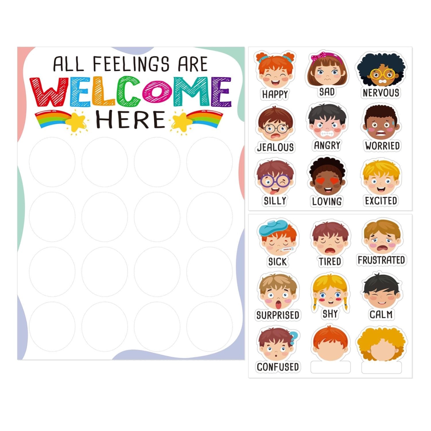 Feelings Chart for Kids with 18pcs Emotion Stickers 12×16.5 Inch Prek Emotion…