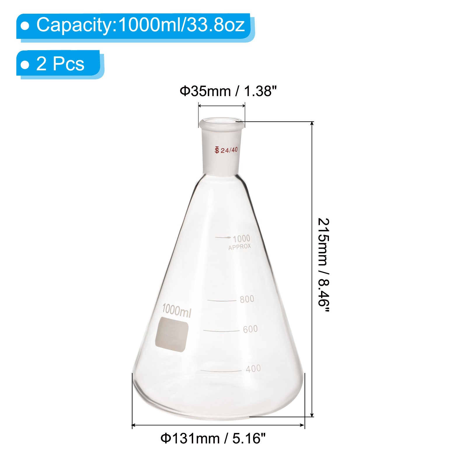 24/40 Erlenmeyer Flask, 2Pcs 1000ml/33.8oz with 24/40 Standard Taper Outer Joint