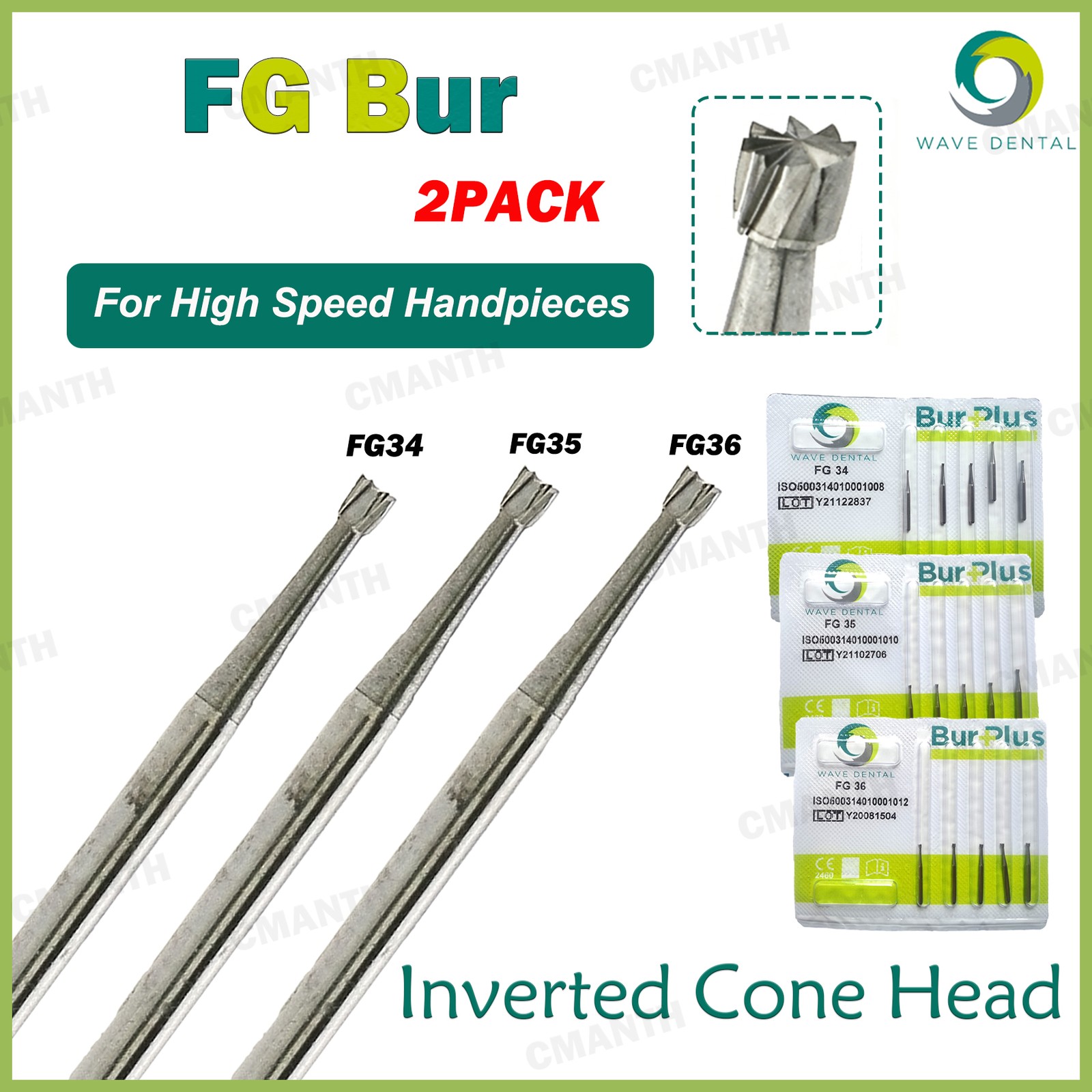 WAVE Dental Bur Tungsten Carbide Bur Inverted Cone Head Handpiece FG High Speed