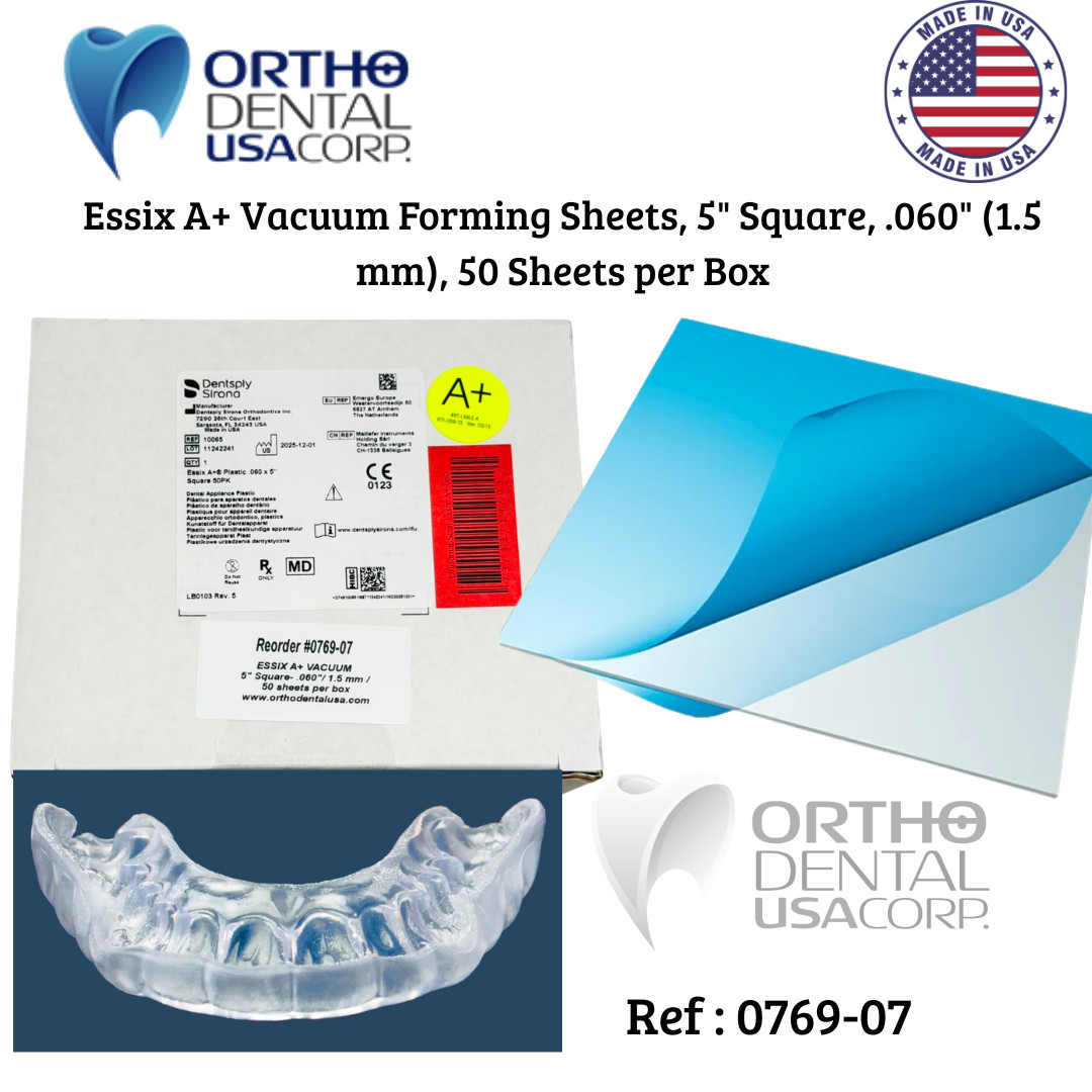 ESSIX A+ VACUUM 5″ SQUARE .060″ 1.5 mm 50 Sheets Box Made In Usa 0769-07