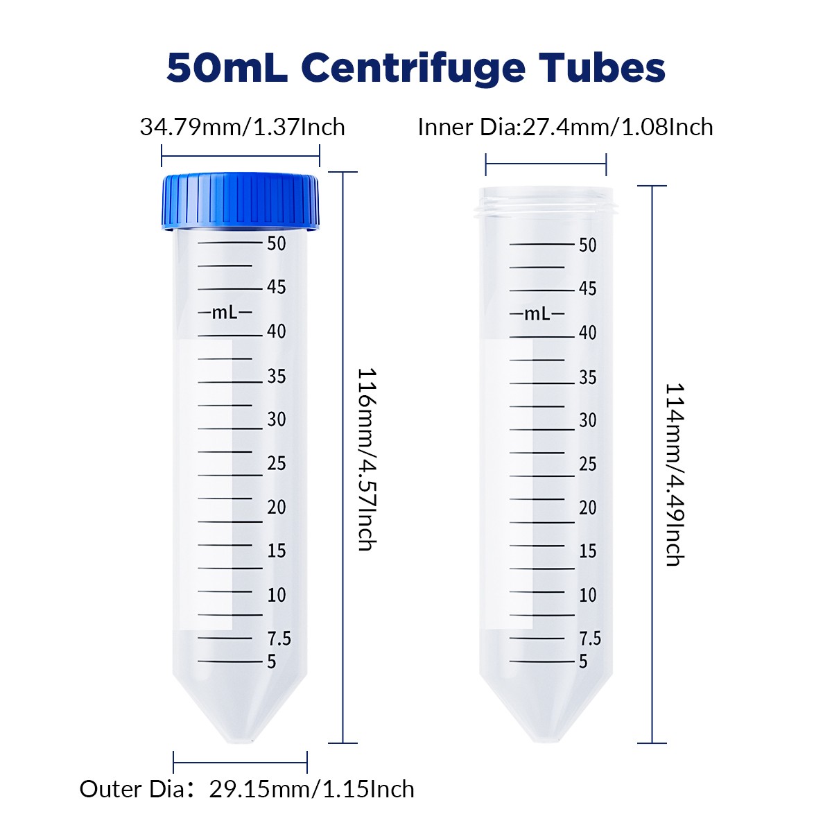Conical Centrifuge Tubes 100 Clear Plastic Black Line Mark Screw Caps Leak Proof