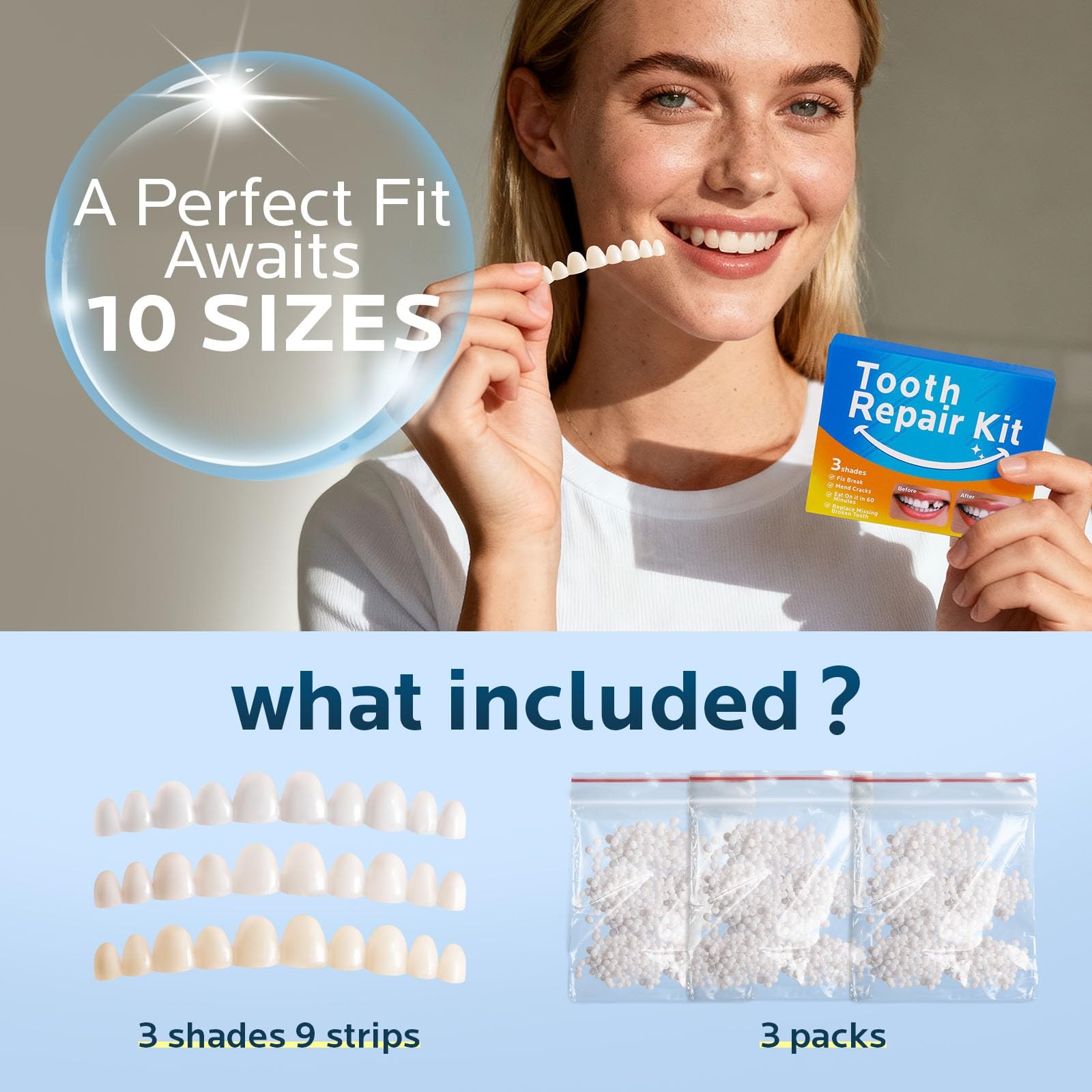 Temporary Tooth Repair Kit Moldable Thermal Beads 3 Shades 10 Sizes Filling Gap