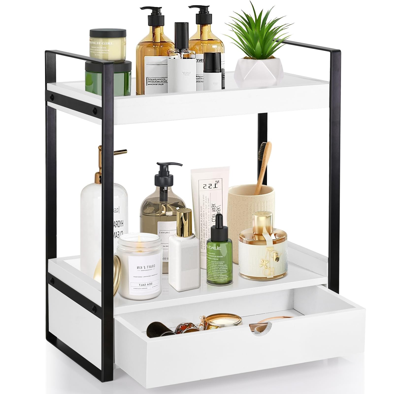2-Tier Wooden Counter Shelf with Drawer, Vanity Organizer, Farmhouse Decor