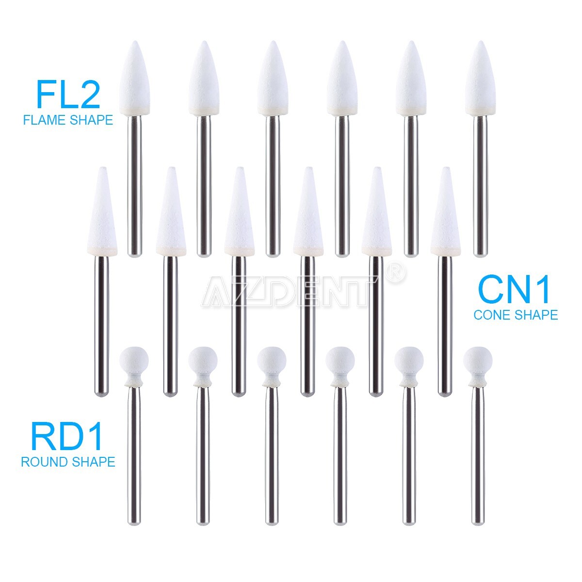 AZDENT Dental Mounted White Stone Polishing Burs FG Polisher For High Speed