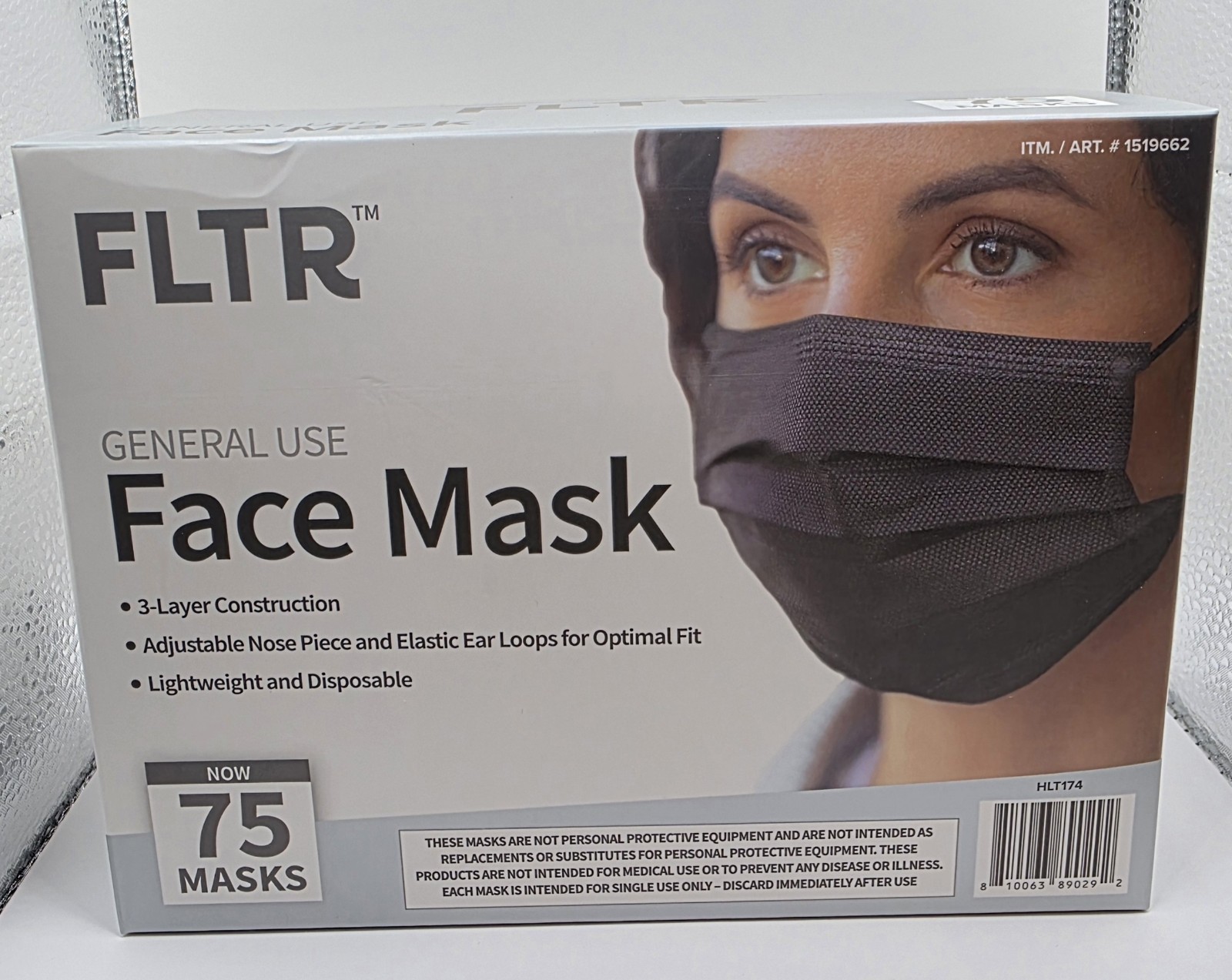 FLTR General Use Disposable Face Mask Black 75 Count Pack of 3