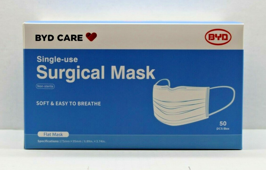 BYD CARE Single-use Surgical Masks, One-size, Blue Box 50 PCS