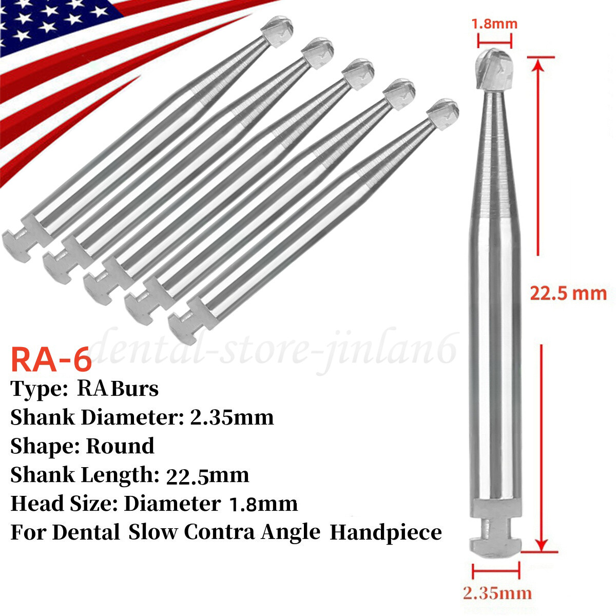 5 Pcs/Pack Dental 22.5mm Round Carbide Bur Slow Speed Latch Type RA4 Burs USA