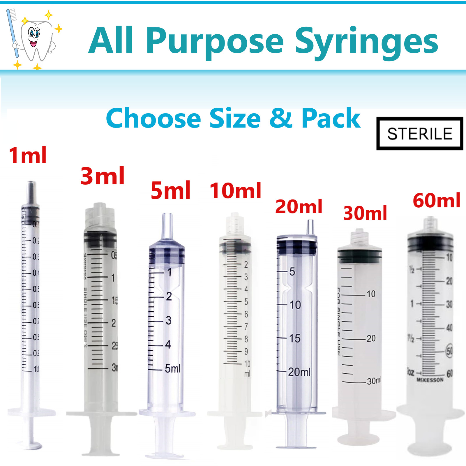 1ml / 1cc Syringe (No Needle) 3cc, 5cc, 10cc, 20, cc, 60cc, Choose Size & Pack