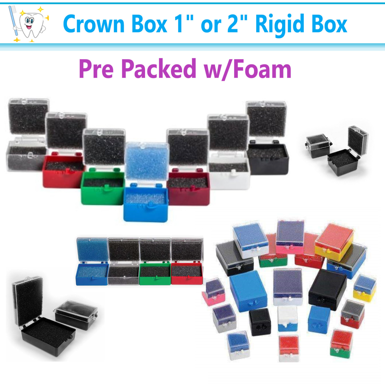 Dental Lab Rigid Crown Box 1″ or 2″ Rigid Box Pre Packed w/Foam, Assorted 100Bx