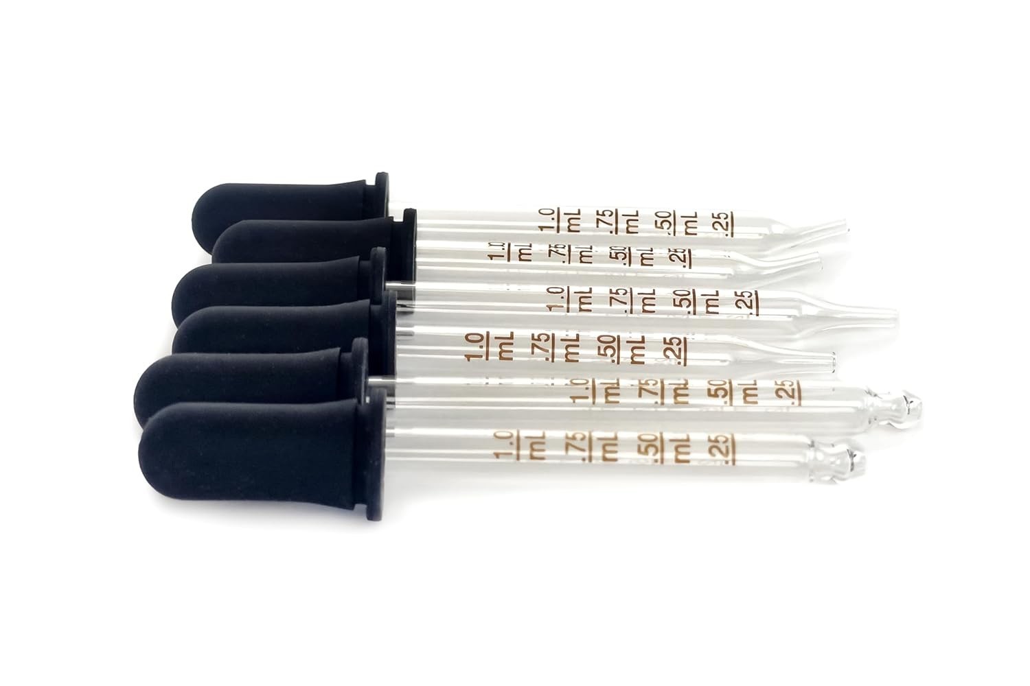 6-Pack Graduated, 1 ml Glass Eye Droppers Straight, Bent and Round Tip Pipettes