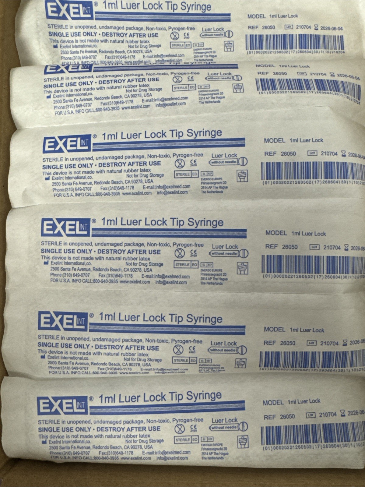 1ml Syringe Only, Luer Lock Tip, Sterile Without Needle, Exel #26050, 100/Box.