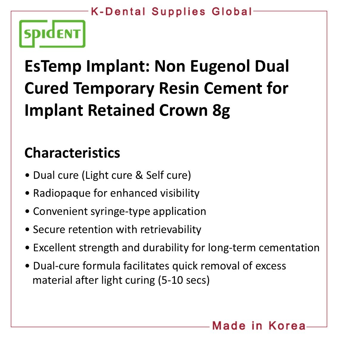 Spident EsTemp Implant Temporary Resin Cement 8g