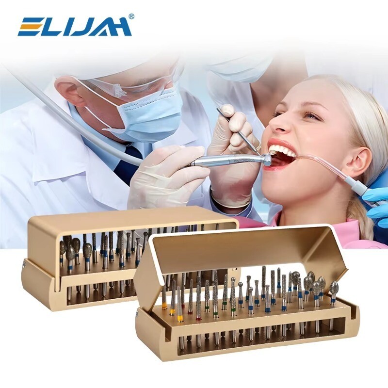 Dental Diamond Burs Drill+Disinfection Bur Block High Speed Handpiece–30Pcs/Set