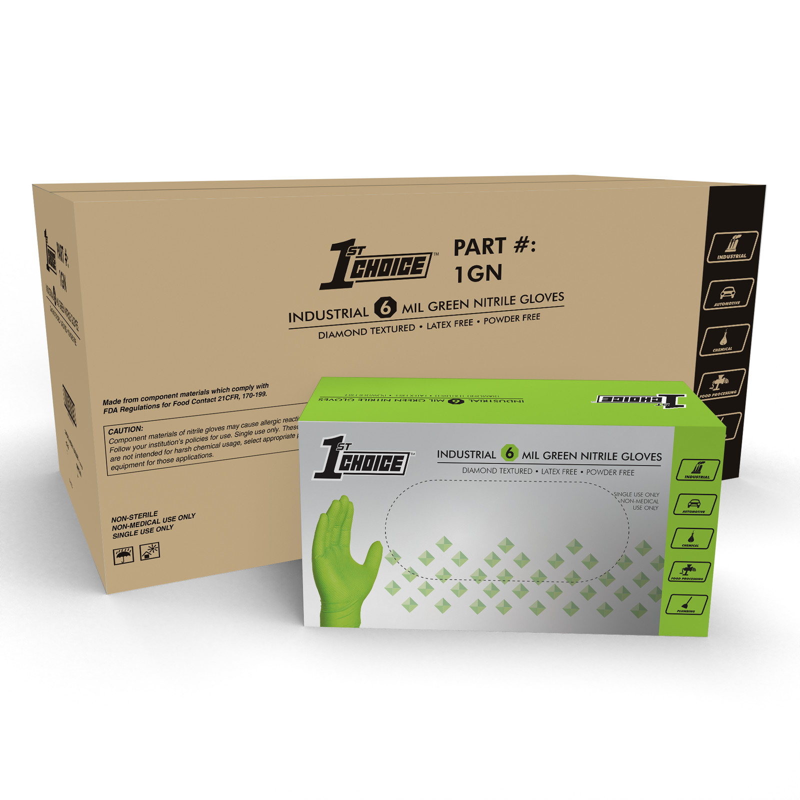 1st Choice Premium Green Nitrile Disposable Gloves 6 Mil Diamond Grip, 1000/Case