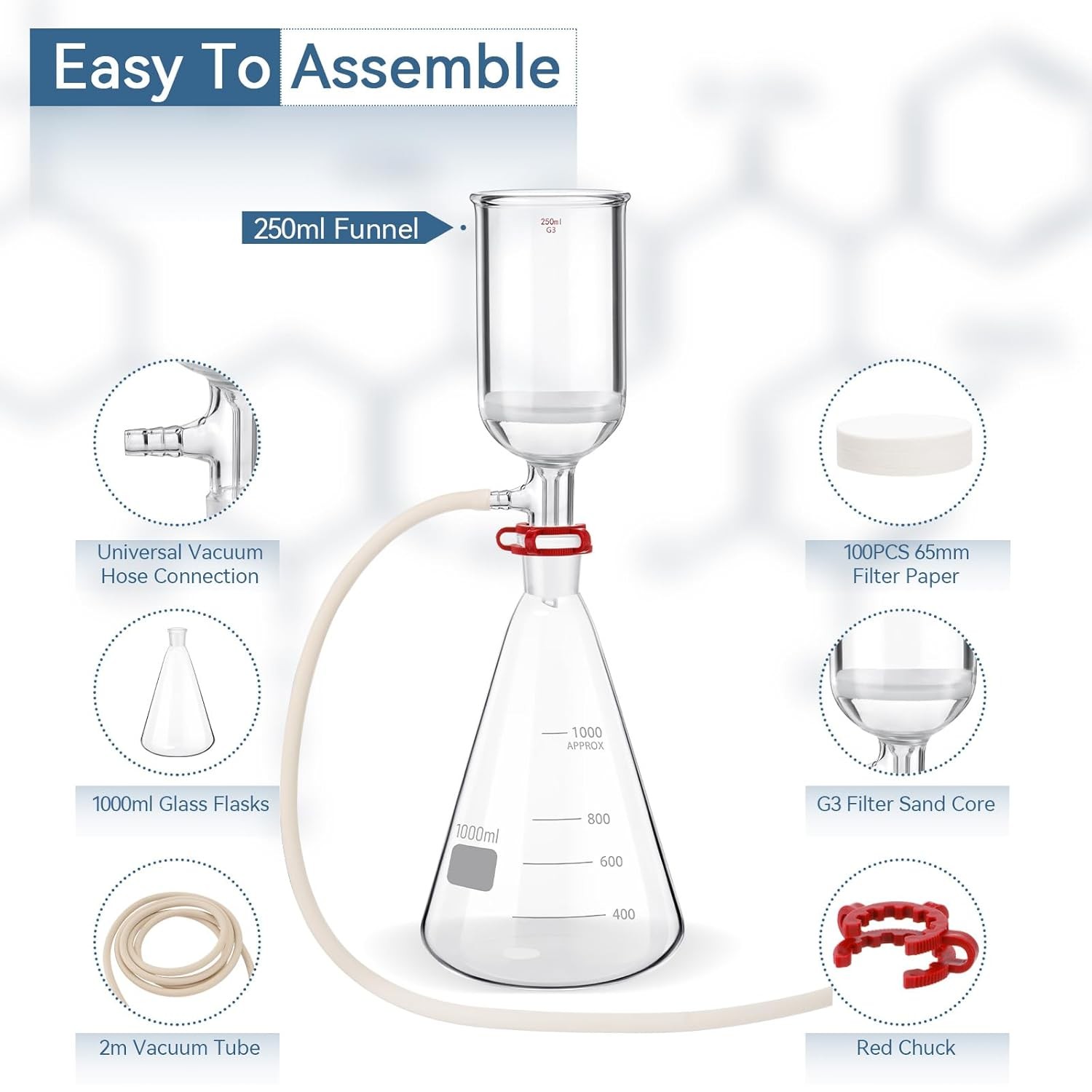Lab Filtering Flask Glass Vacuum Suction Filter 1000ml + Buchner Funnel 250ml