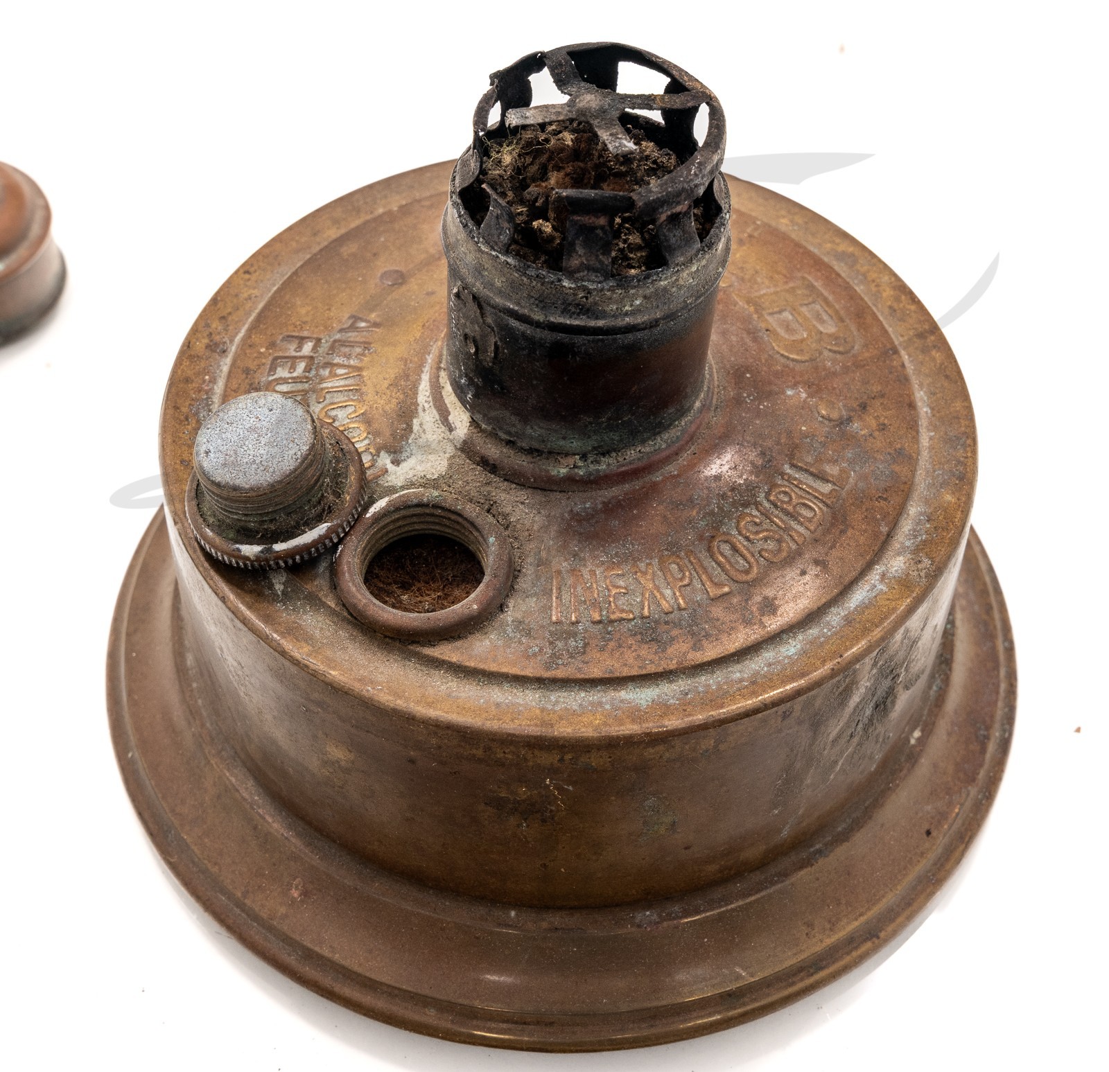 ANTIQUE ALALCOUL FEUTRE ALCOHOL LAMP C.G.B. FRANCE INEXPOLOSIBLE SAFE BRONZE