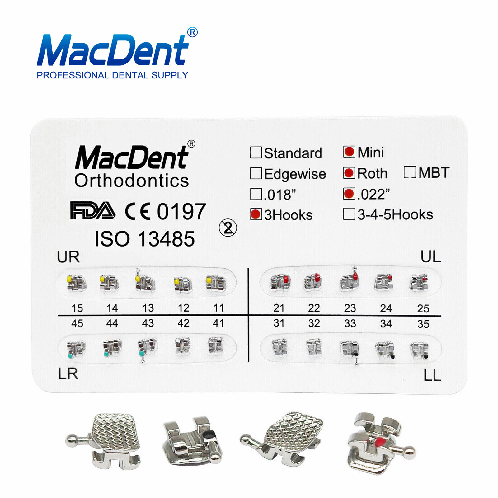MacDent Orthodontic Dental Brackets Braces Mini Standard Roth MBT.022/.018 Hooks
