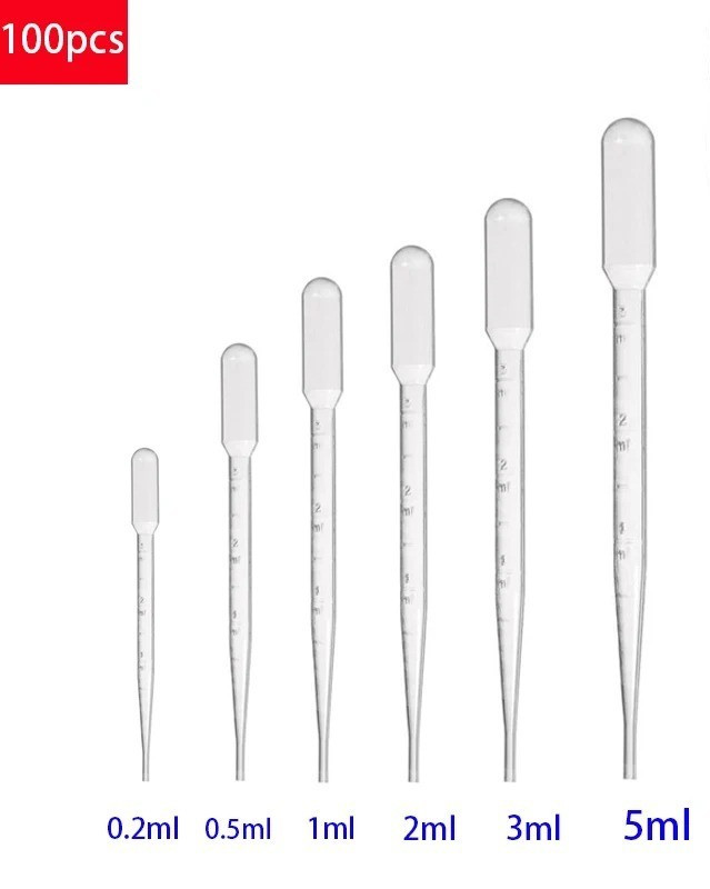 100pc Disposable Plastic Pipettes:0.2/0.5/1/2/3/5ml Graduated Transfer Droppers