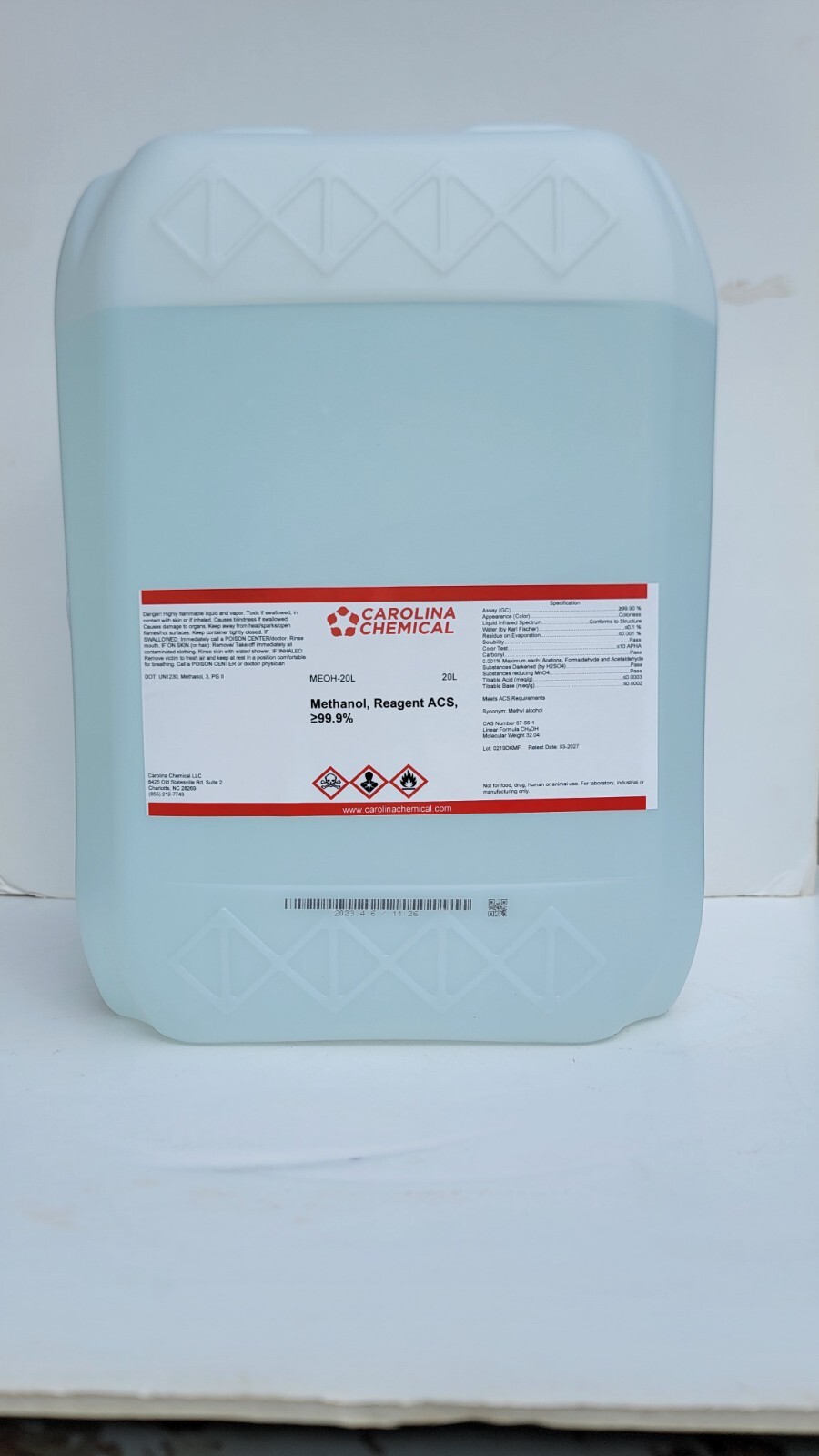 Methanol Methyl Alcohol Reagent ACS ≥99.9% 20 Liters 5 gallons