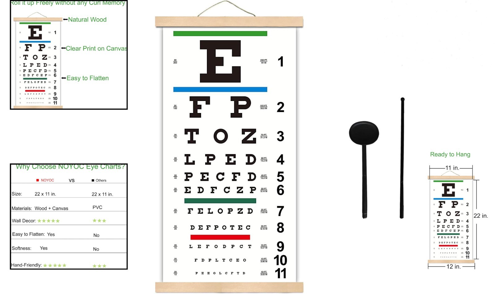 Snellen Eye Chart with Wooden Frame 20ft Vision Canvas Kids Wall Decor