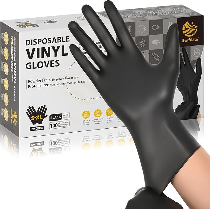 Black Vinyl Gloves, Food Grade Gloves Disposable Latex Free & Powder Free, 100ps