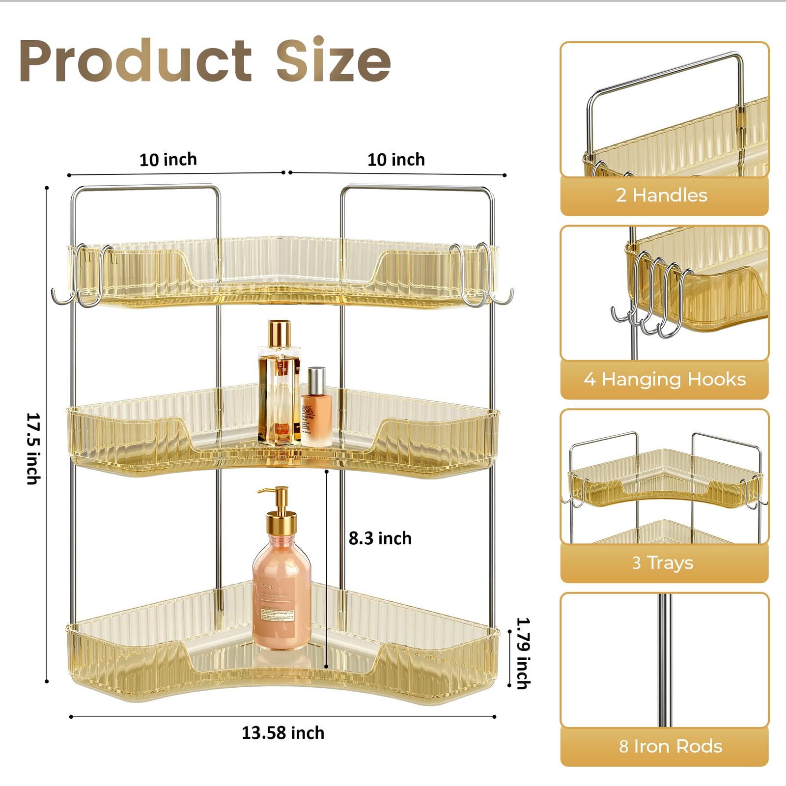 Kinkota Golden 3-Tier Corner Bathroom Organizer Countertop Storage Shelf Hooks M