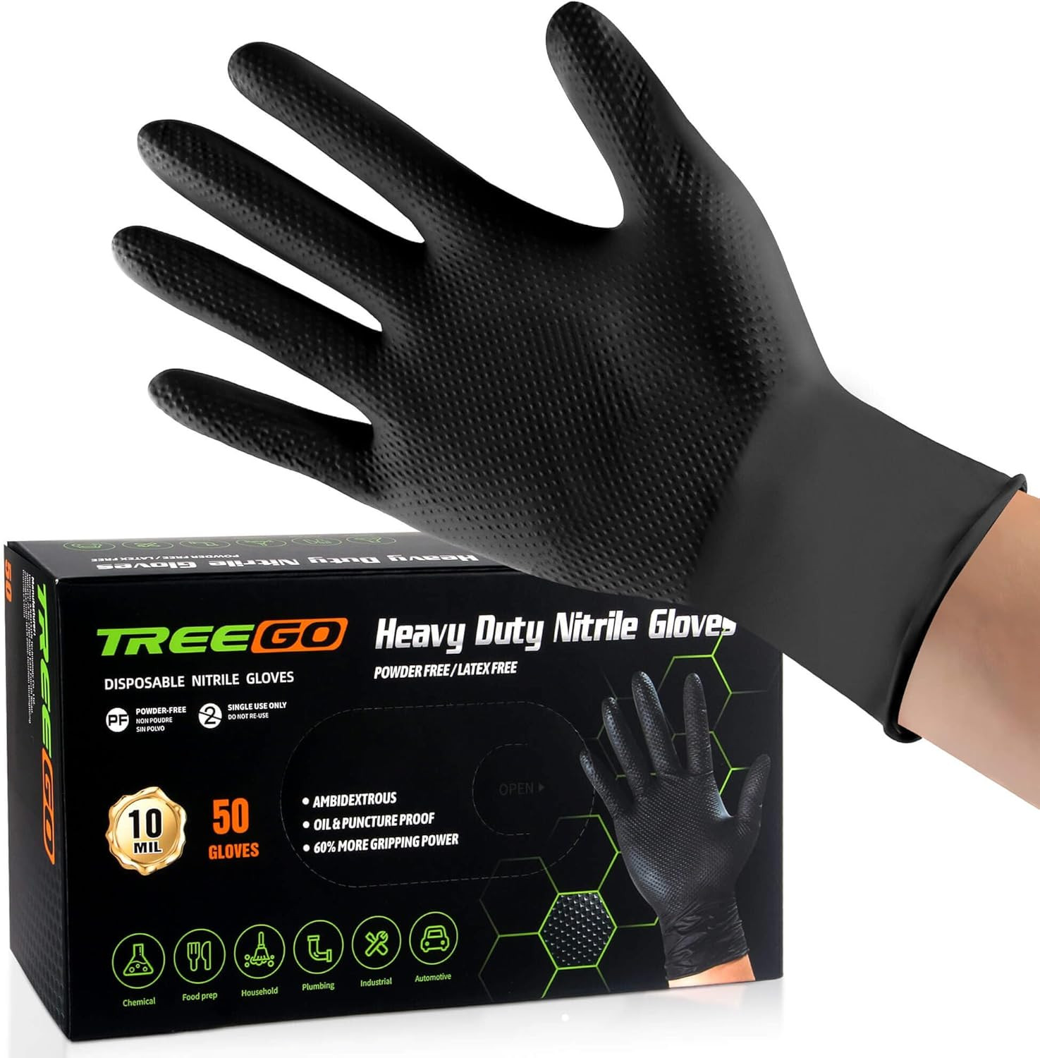 Black Nitrile Gloves 10 Mil, Heavy Duty Disposable Latex Free – Textured Grip fo