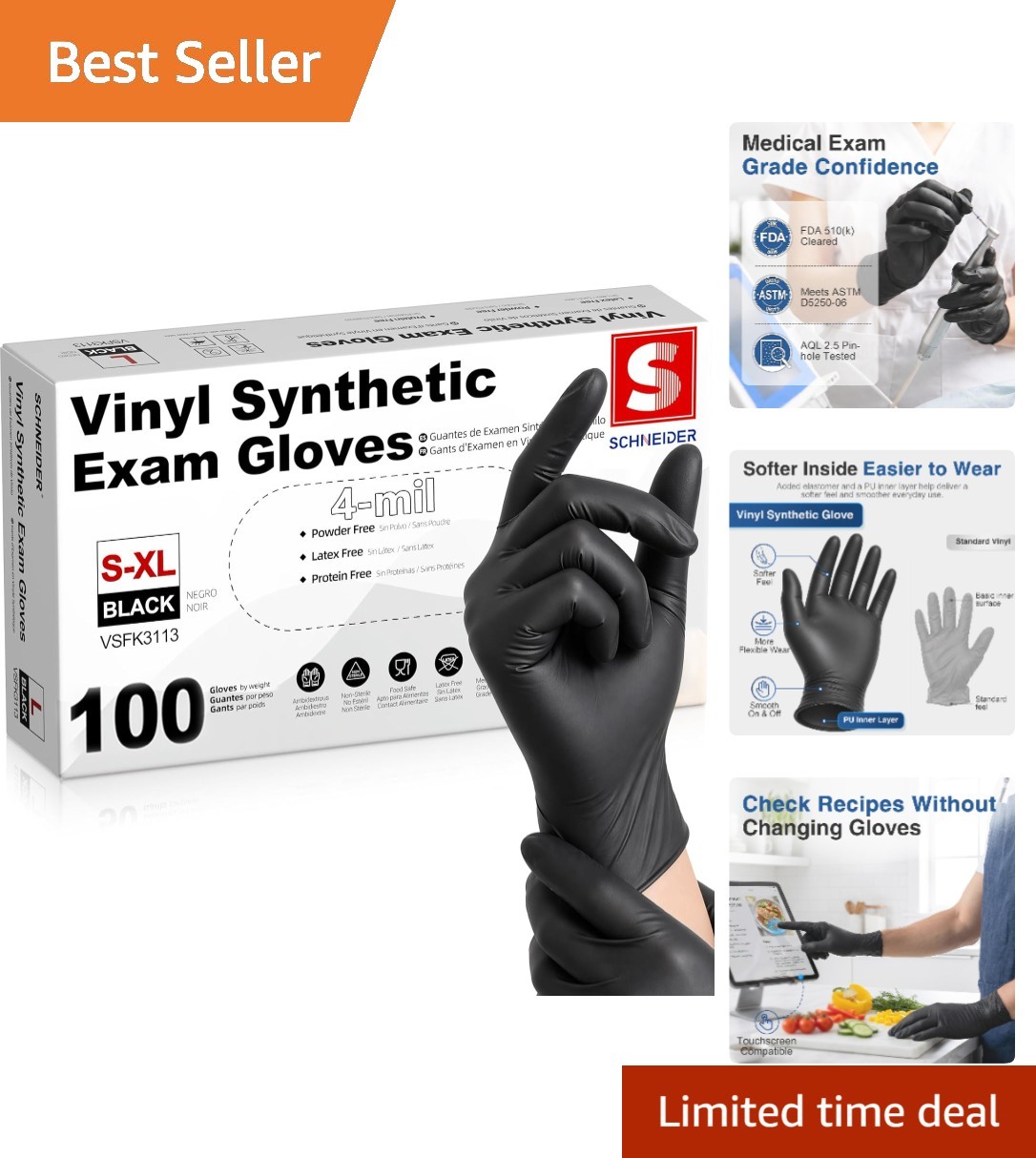 Ambidextrous 4 Mil Vinyl Gloves – Black, 100 Count, Food Safe & Latex-Free