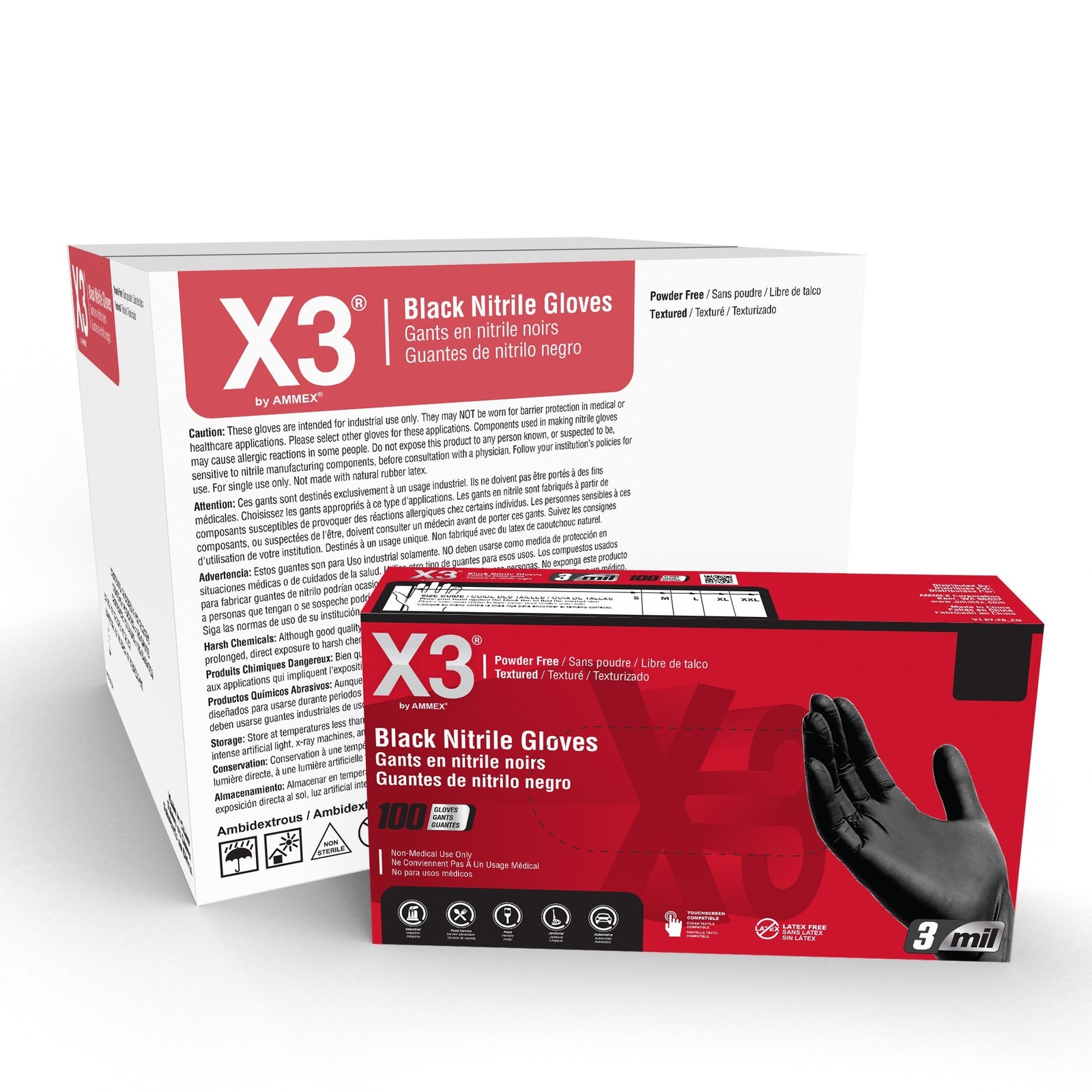 X3 Black Nitrile Industrial Disposable Gloves 3 Mil, Latex Free, Food-Safe
