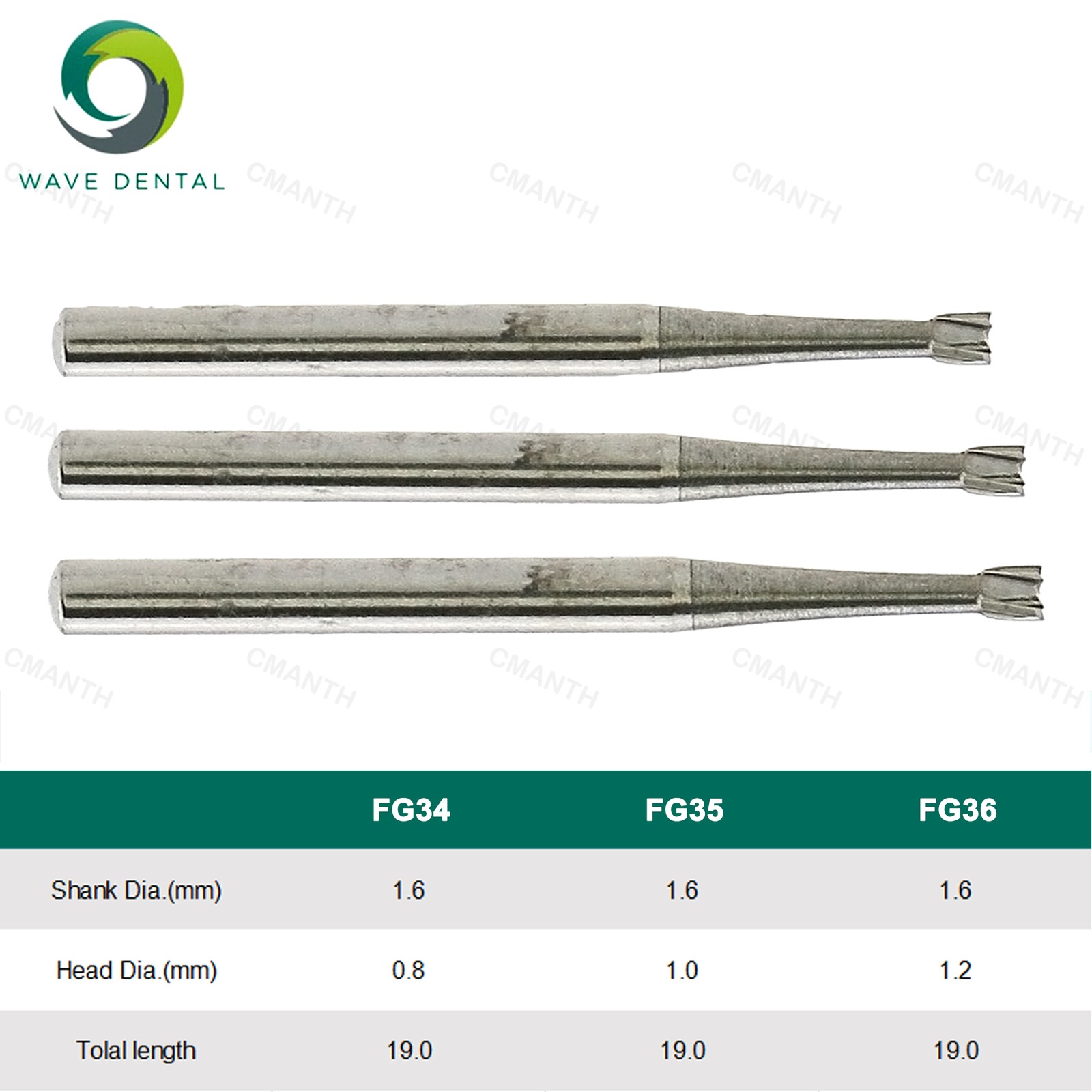 WAVE Dental Drill Bur Inverted Cone Head Tungsten Carbide Dia1.6mm FG High Speed