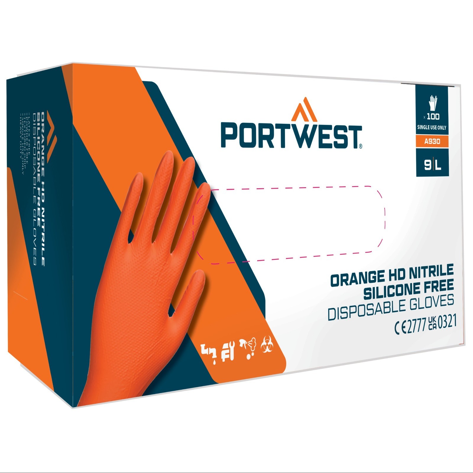 A930 – Portwest Orange HD Disposable Gloves Black/Orange Nitrile
