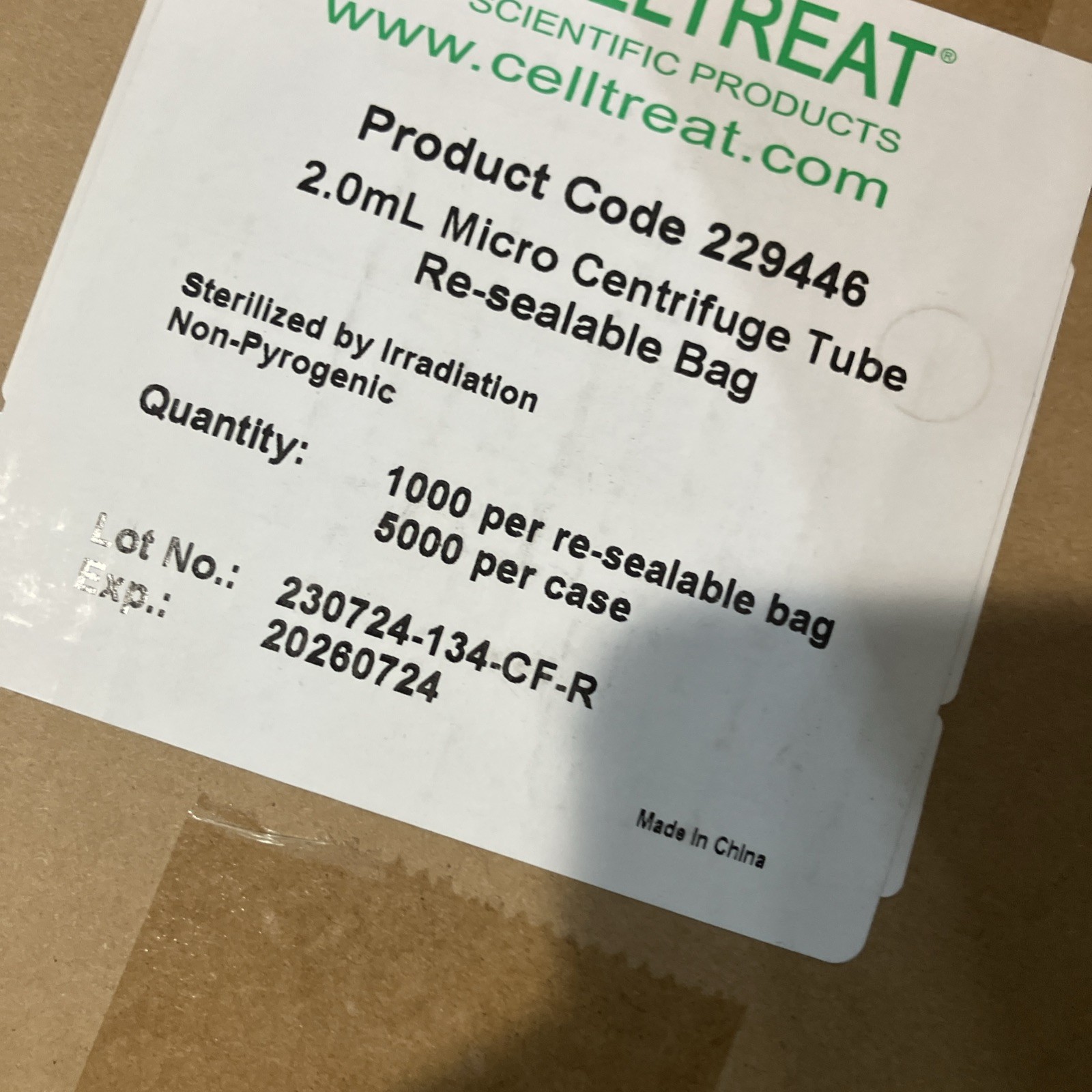 NEW CELLTREAT 229446 2.0 Micro Centrifuge Tube 1CS/5000. SHORT DATED Exp. 07/26.