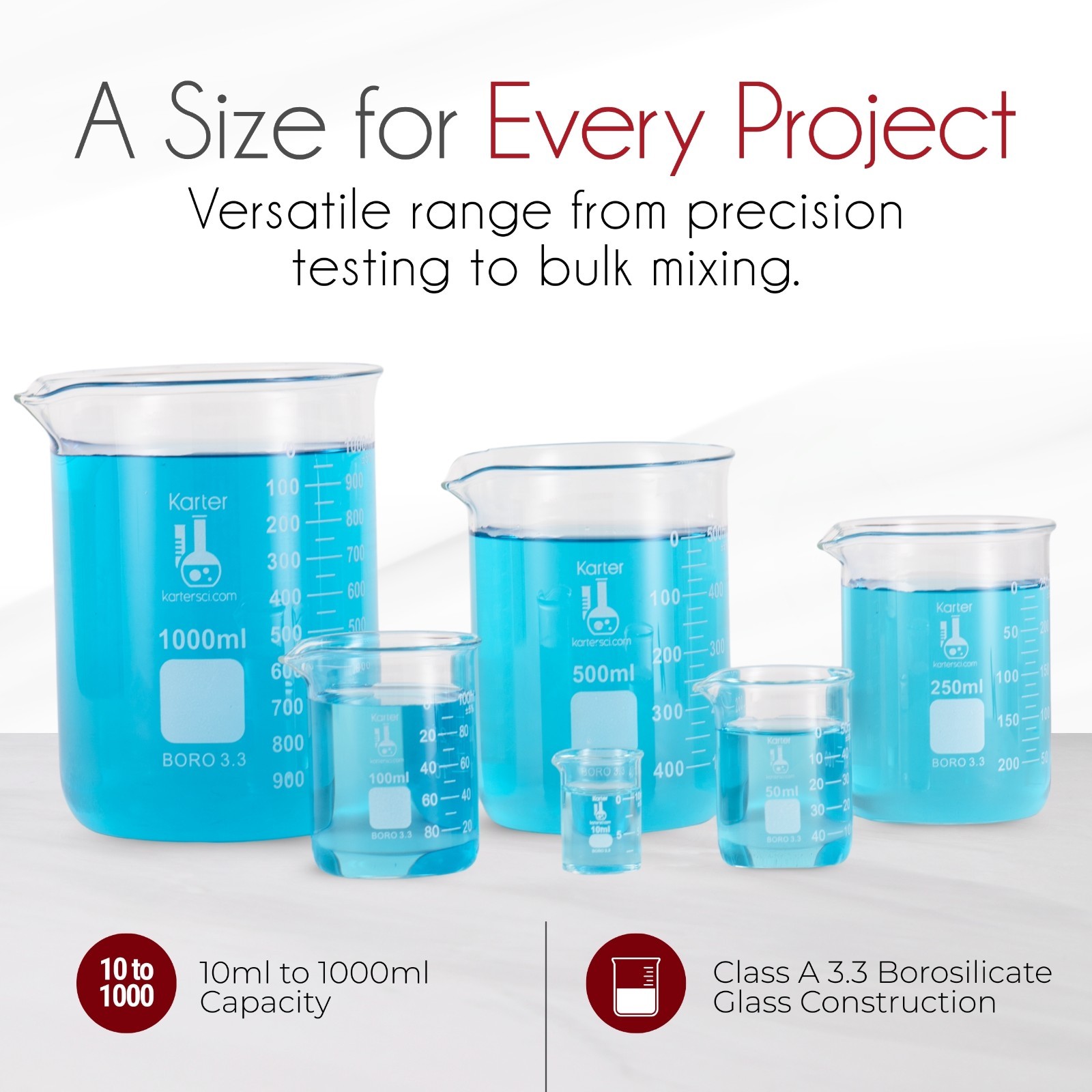 Karter Scientific Low Form Glass Beaker 5 Piece Set 50, 100, 250, 500, & 1000