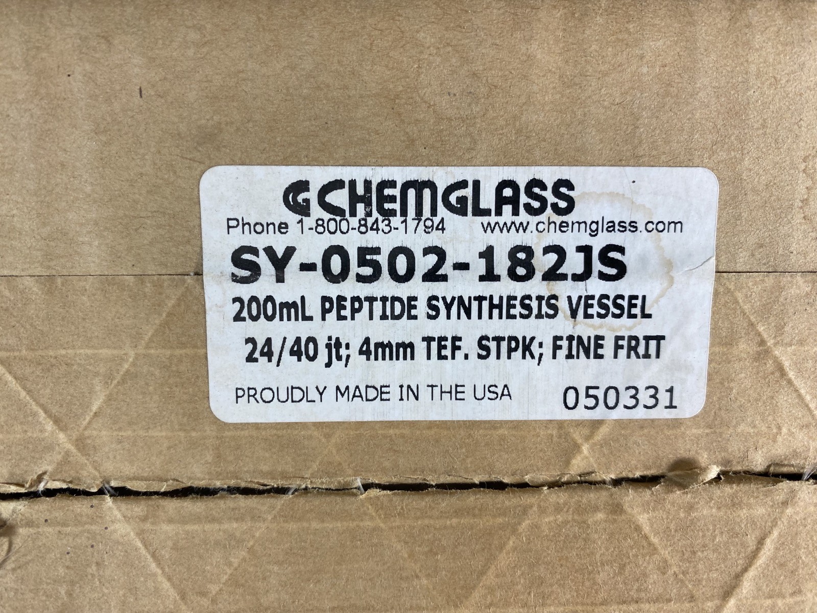 CHEMGLASS 200mL 24/40 4mm TEF STPK F Frit Solid Phase Peptide Synthesis Vessel