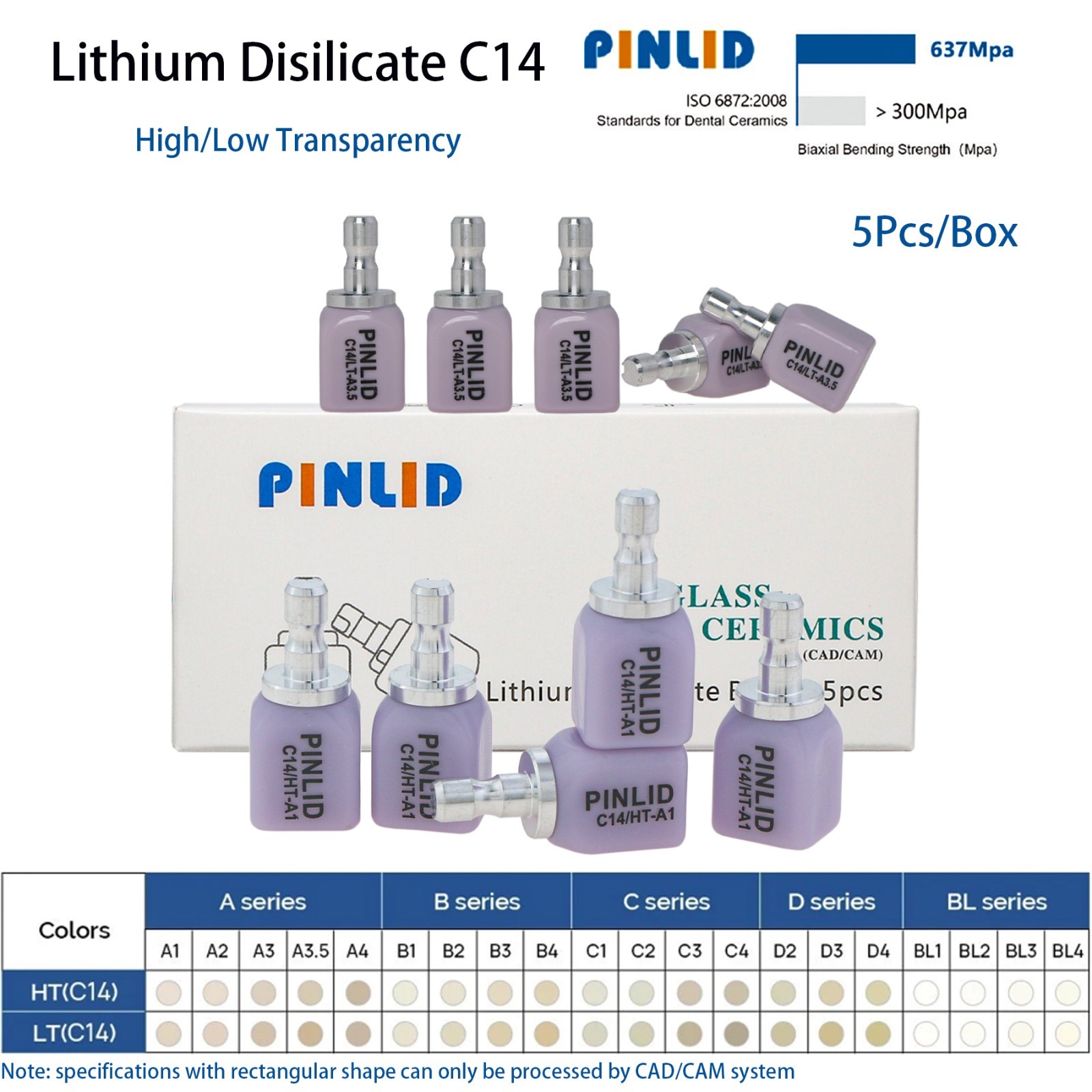 C14 Exam Lithium Disilicate Blocks CAD/CAM Dental Lab CEREC Compatible 5Pcs/Box
