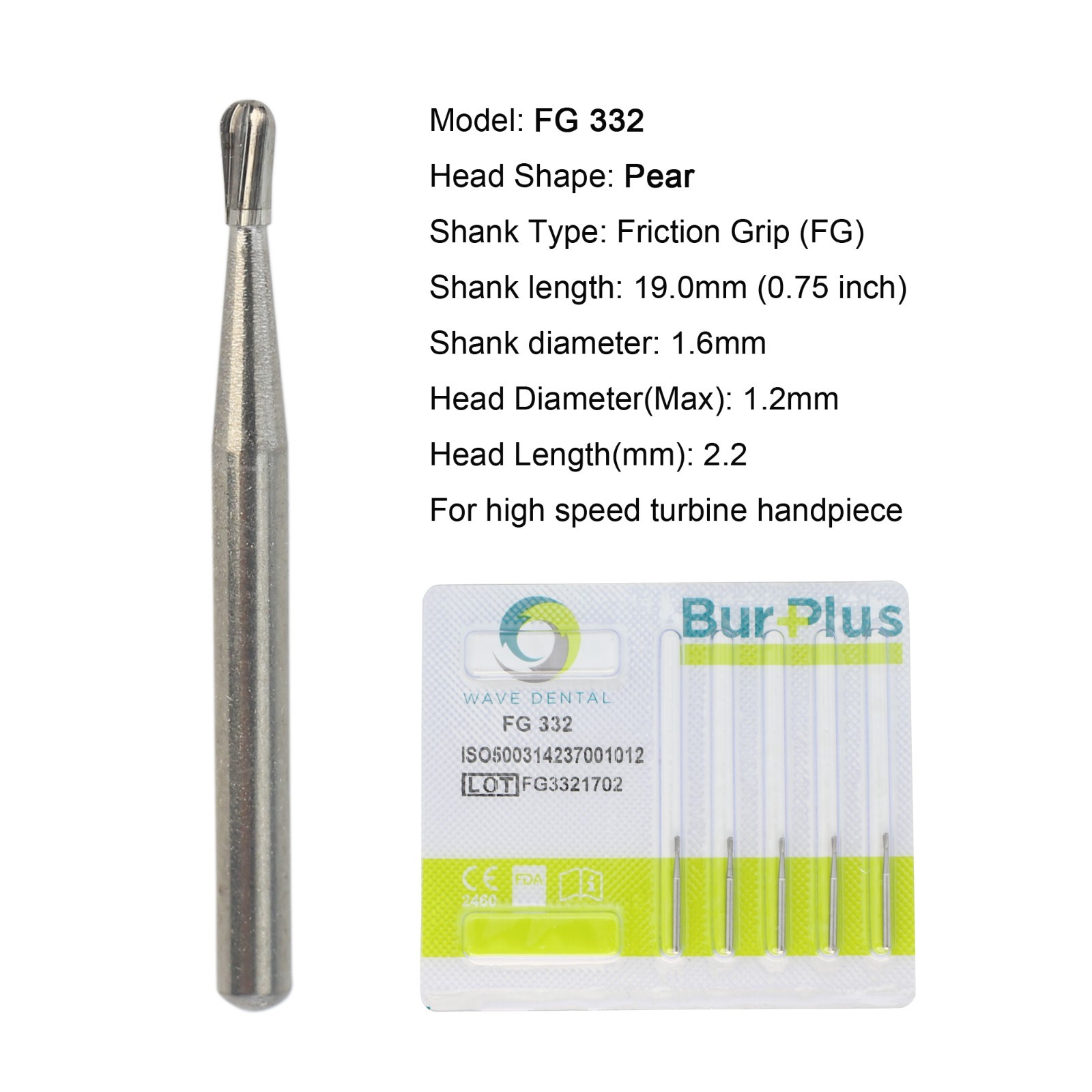 Wave Dental Surgical Burs 25mm Carbide Burs Friction Grip FG 19mm Round Pear 330