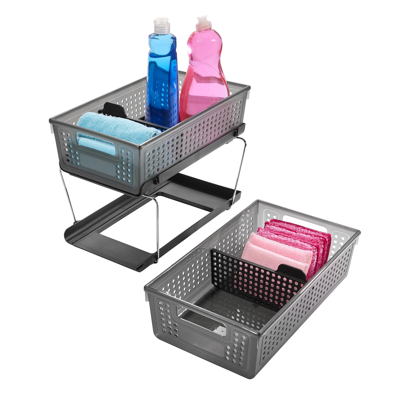 madesmart Two-Tier Under Cabinet Organizer, Sliding Drawer Storage for Cleaning