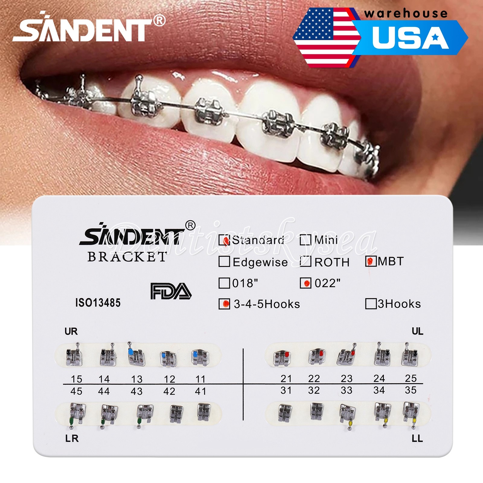 10Packs Dental Orthodontic Brackets Metal Braces Standard MBT 022 Hooks 3-4-5