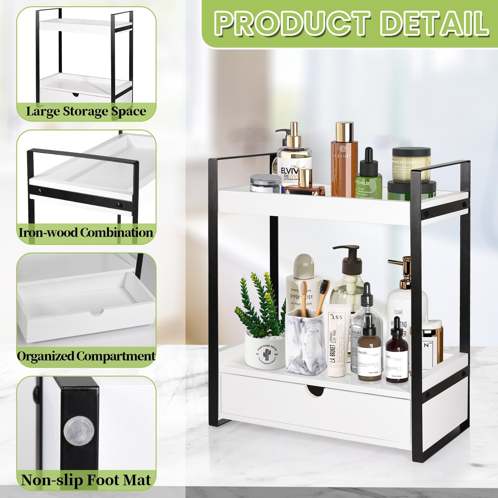 2-Tier Wooden Counter Shelf with Drawer, Vanity Organizer, Farmhouse Decor