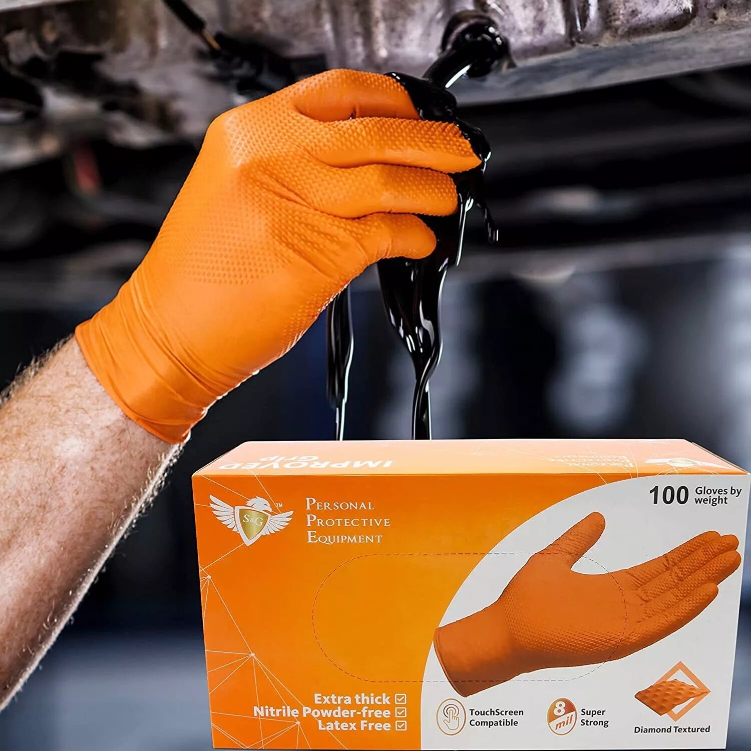 S&G Orange Diamond Nitrile Gloves Powder Latex Free 8 Mil 1000pcs M/L/XL