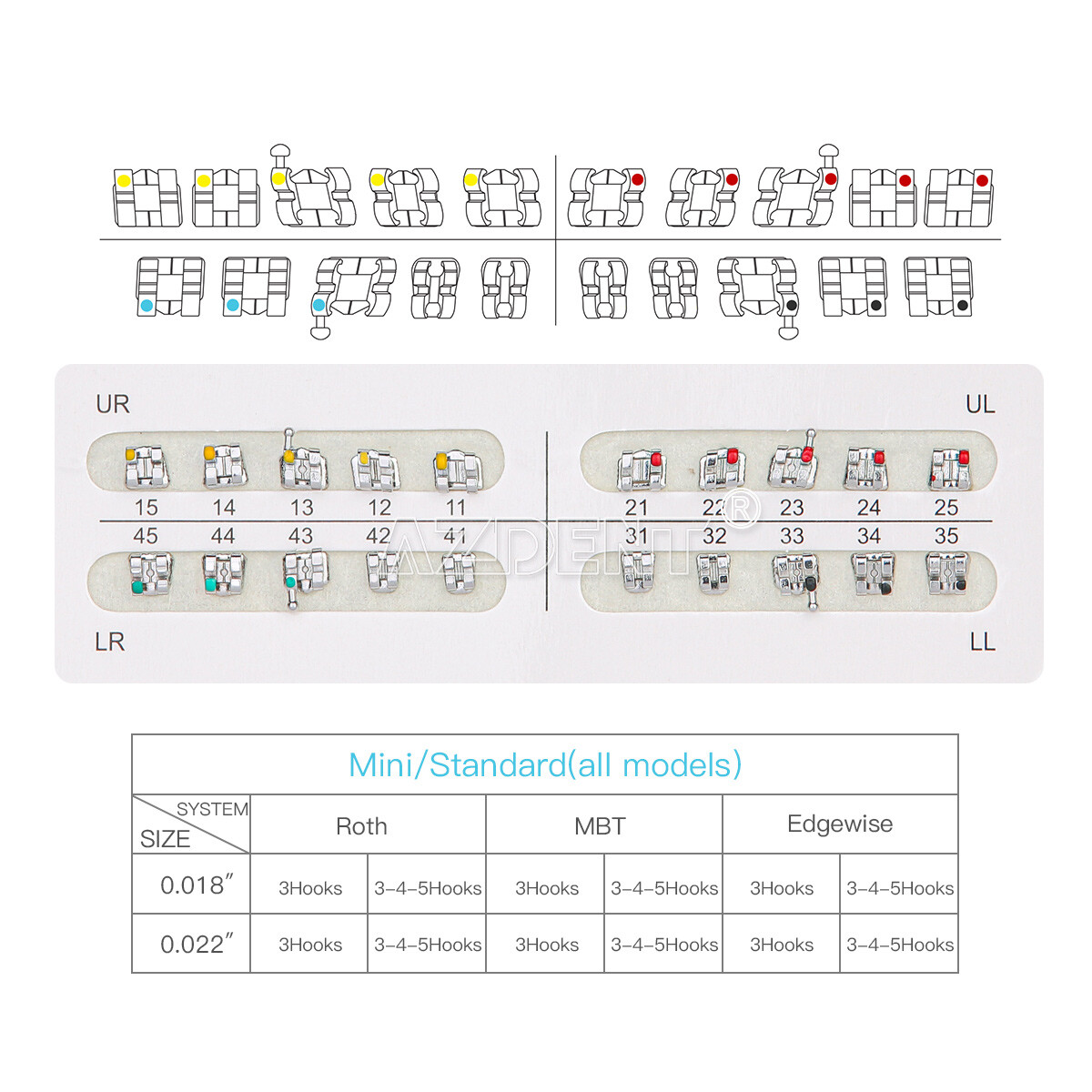 10Packs Dental Orthodontic Metal Brackets Braces Standard MBT.022 Hooks 3 AZDENT