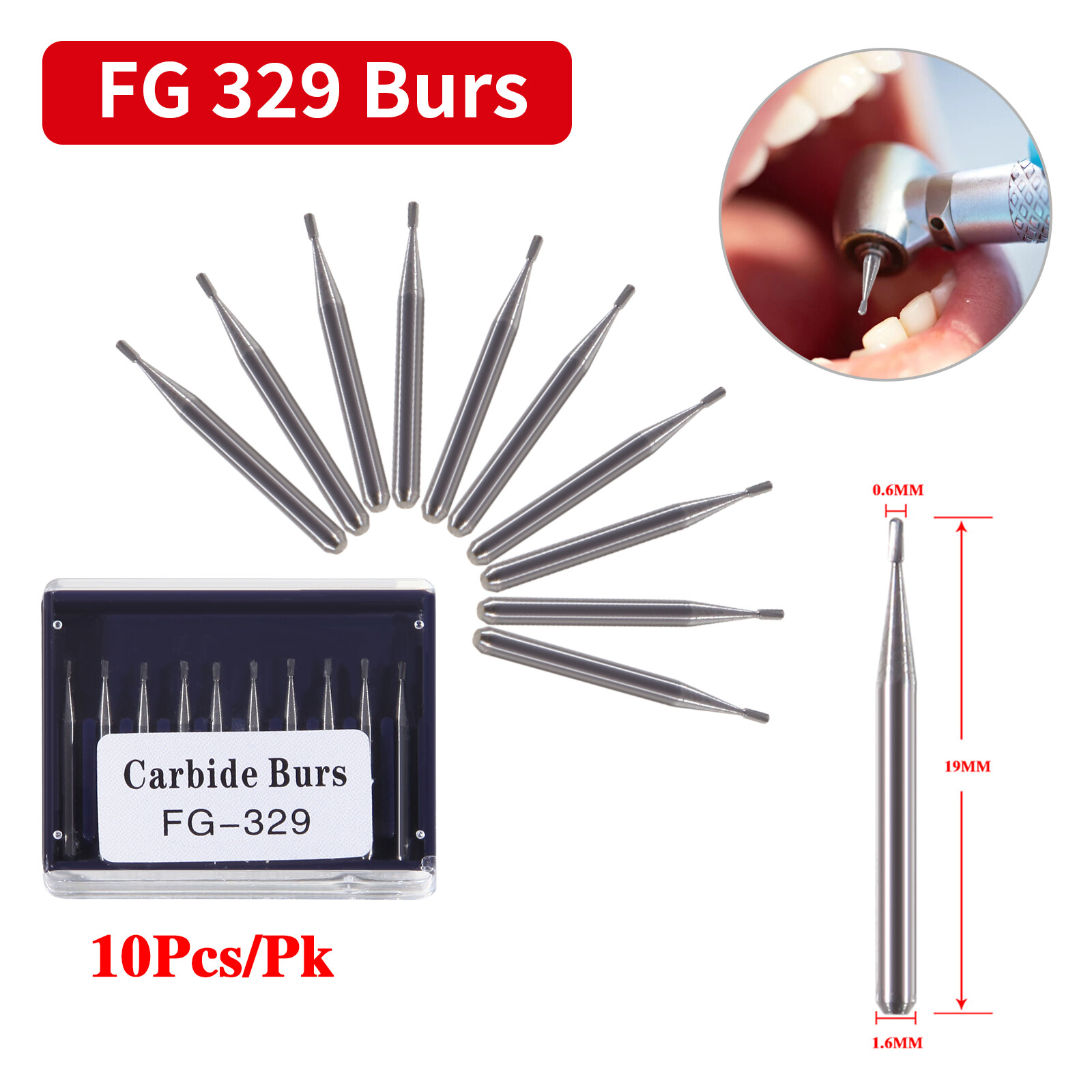 10 Pcs Dental Carbide Burs Pear-Shaped Type High Speed Tungsten Steel Bur FG329
