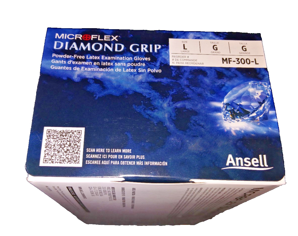 Microflex MF-300-L Ansell Diamond Grip Latex Gloves Large Textured 100 Count